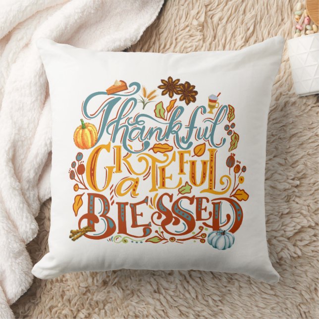 Thankful Grateful Blessed Retro Script  Throw Pillow (Blanket)
