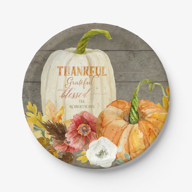 Thankful Grateful Blessed Rustic Wood Farmhouse Paper Plate (Front)