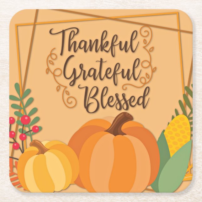 Thankful, Grateful, Blessed Square Paper Coaster (Front)