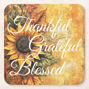 Thankful Grateful Blessed Thanksgiving Fall Autumn Square Paper Coaster