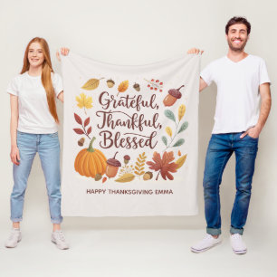 Thankful Grateful Blessed Thanksgiving Fall Fleece Blanket