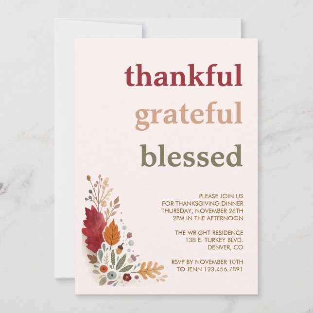 Thankful Grateful Blessed Thanksgiving Invitation (Front)