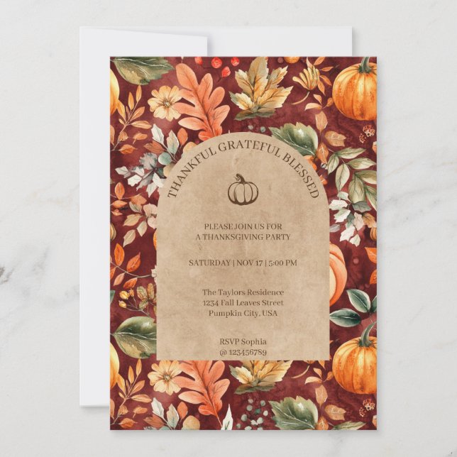 Thankful Grateful Blessed Thanksgiving Party Invitation (Front)