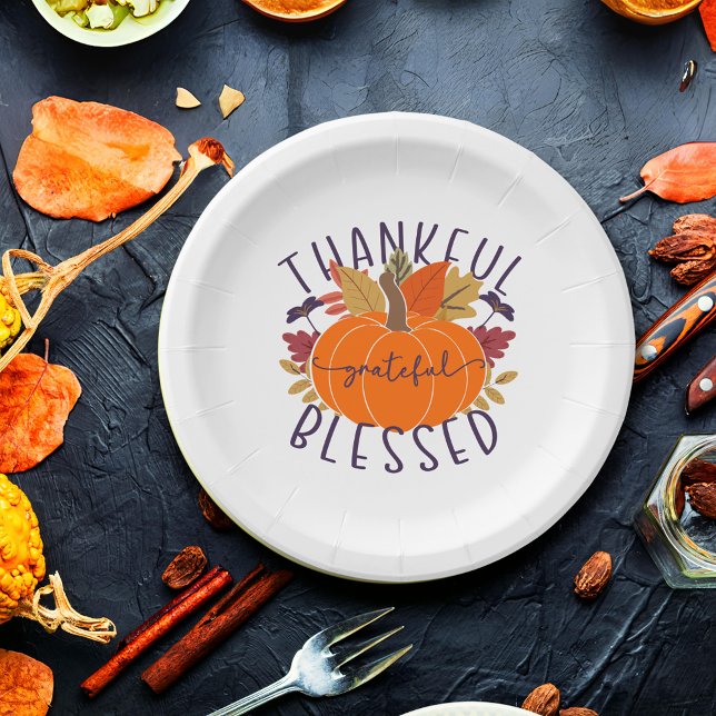 Thankful Grateful Blessed Thanksgiving Pumpkin Paper Plate (Creator Uploaded)
