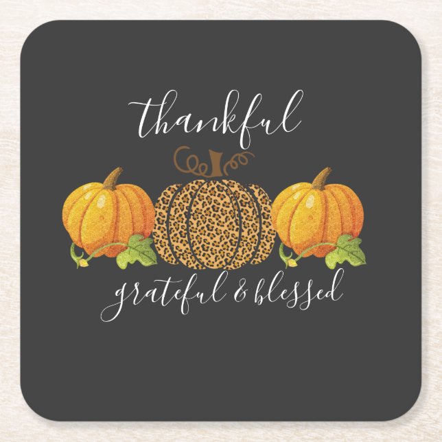 Thankful Grateful Blessed Thanksgiving Pumpkin  Square Paper Coaster (Front)