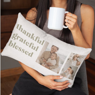 Thankful Grateful Blessed   Three Photo Collage  Lumbar Pillow