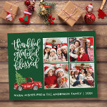 Thankful Grateful Blessed Truck 4 Photo Green Postcard<br><div class="desc">Modern Calligraphy Script Thankful Grateful Blessed 4 Photo Collage Holiday Postcard includes a Watercolor Vintage Red Truck with Christmas Tree. Forest Green Background.</div>