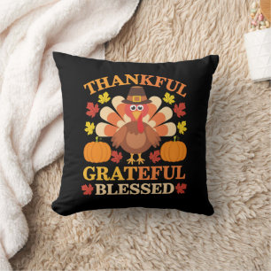 Thankful Grateful Blessed Turkey Thanksgiving Throw Pillow