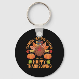Thankful Grateful Blessed Turkey Women Happy Thank Keychain