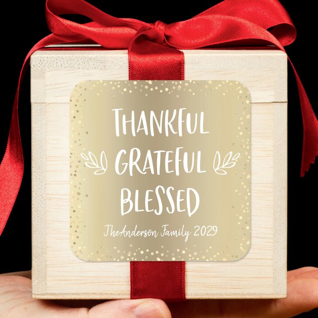 Thankful Grateful Blessed Typography Gold Holiday Square Sticker (Creator Uploaded)