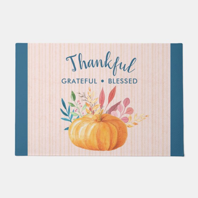 Thankful Grateful Blessed with Orange Pumpkin Doormat (Front)