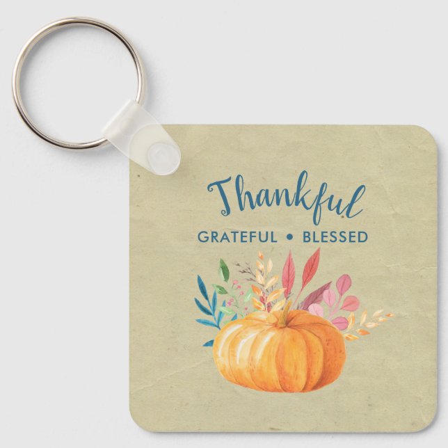 Thankful Grateful Blessed with Orange Pumpkin Keychain (Front)