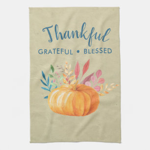 Thankful Grateful Blessed with Orange Pumpkin Kitchen Towel