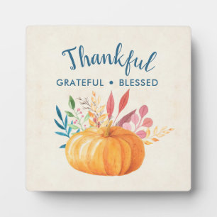 Thankful Grateful Blessed with Orange Pumpkin Plaque