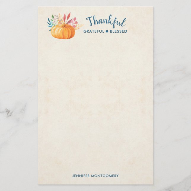 Thankful Grateful Blessed with Orange Pumpkin Stationery (Front)