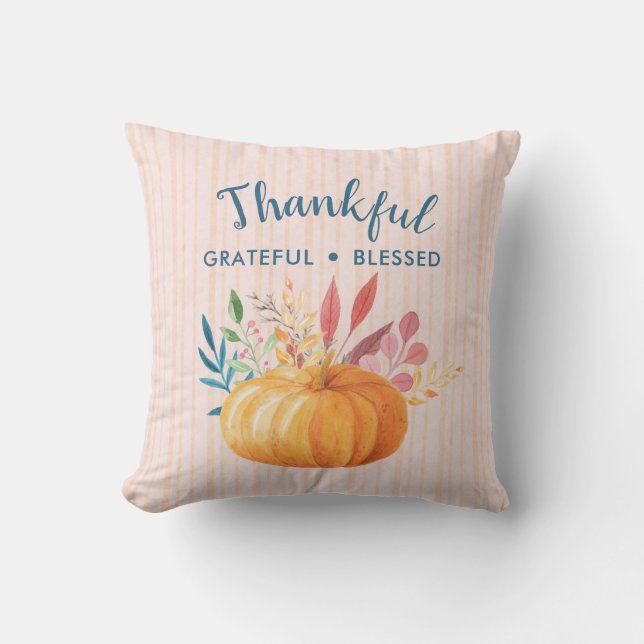 Thankful Grateful Blessed with Orange Pumpkin Throw Pillow (Front)