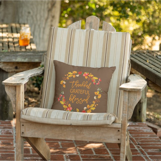 Thankful Grateful Blessed Wreath Autumn Outdoor Pillow (Chair)