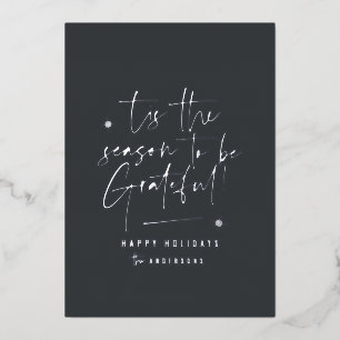 Thankful grateful modern minimal elegant script foil holiday card