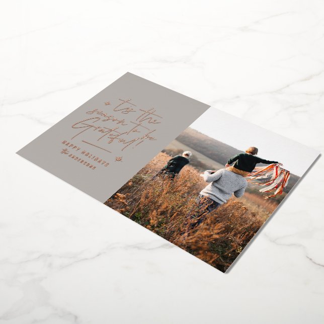 Thankful grateful modern minimal elegant script foil holiday card (Rotated)