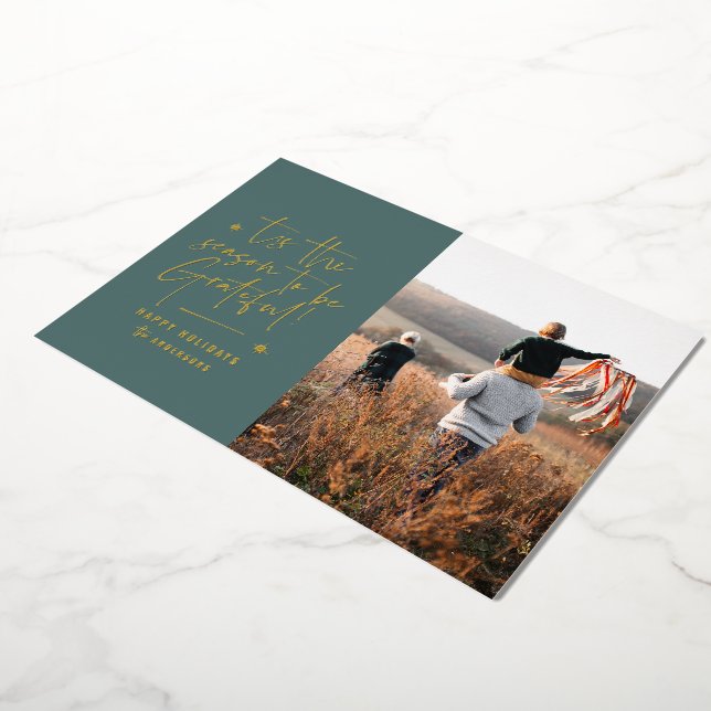 Thankful grateful modern minimal elegant teal foil holiday card (Rotated)