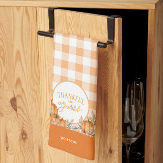 Thankful Grateful Pumpkins Gingham Thanksgiving Kitchen Towel