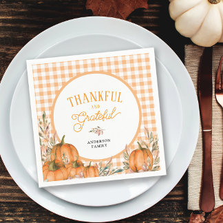 Thankful Grateful Pumpkins Gingham Thanksgiving Napkin