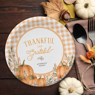 Thankful Grateful Pumpkins Gingham Thanksgiving Paper Plate