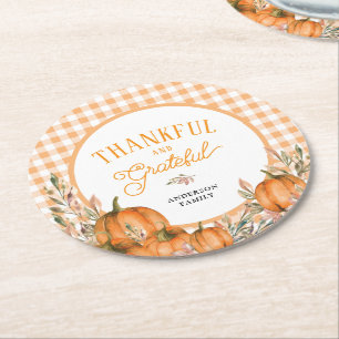 Thankful Grateful Pumpkins Gingham Thanksgiving Round Paper Coaster