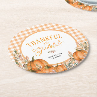 Thankful Grateful Pumpkins Gingham Thanksgiving Round Paper Coaster