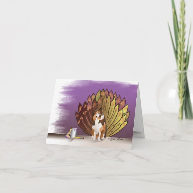 Thankful Grateful Sheltie Turkey Feathers Thank You Card (Front)