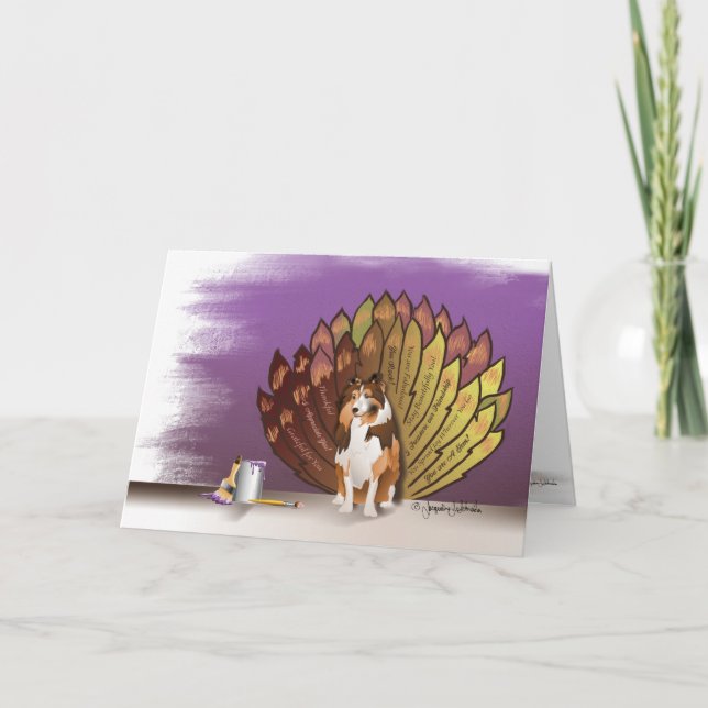 Thankful Grateful Sheltie Turkey Feathers Thank You Card (Front)