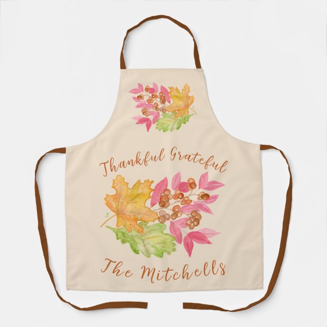 Thankful Grateful Watercolor Leaves Berries Unisex Apron (Front)