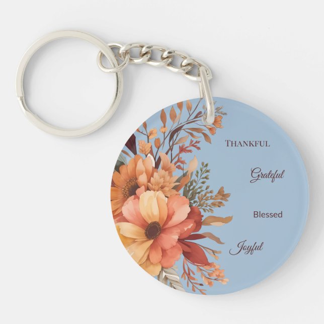 Thankful Grategul Blessed Floral Thanksgiving  Keychain (Front)