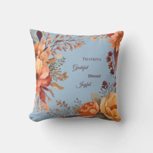 Thankful Grategul Blessed Floral Thanksgiving Throw Pillow