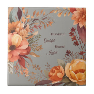 Thankful Grategul Blessed Floral Thanksgiving  Tile