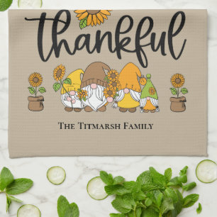 Thankful little sunflower gnome family kitchen towel