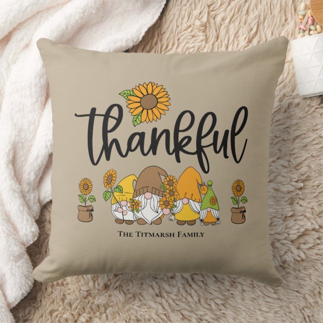 Thankful little sunflower gnome family throw pillow (Blanket)