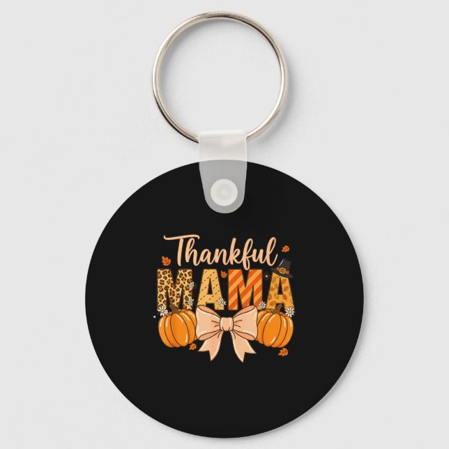Thankful Mama Pumpkin Fall Coquette Bow Thanksgivi Keychain (Front)