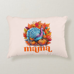 Thankful Mama Turkey and Autumn Leaves Foliage Accent Pillow