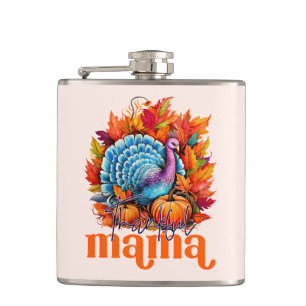 Thankful Mama Turkey and Autumn Leaves Foliage Hip Flask