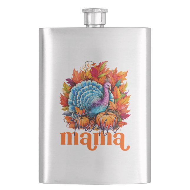 Thankful Mama Turkey and Autumn Leaves Foliage Hip Flask (Front)