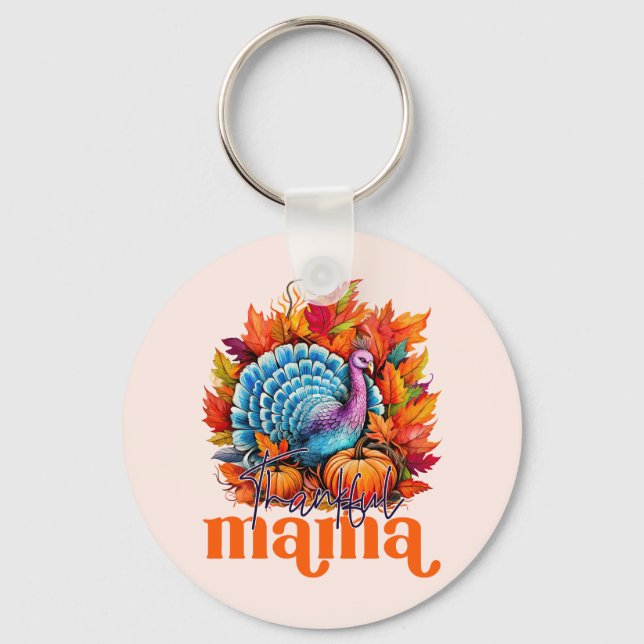 Thankful Mama Turkey and Autumn Leaves Foliage Keychain (Front)