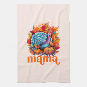 Thankful Mama Turkey and Autumn Leaves Foliage Kitchen Towel
