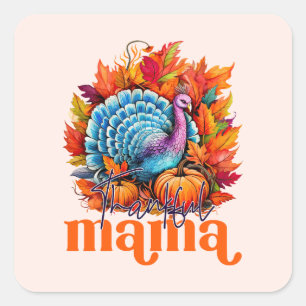 Thankful Mama Turkey and Autumn Leaves Foliage Square Sticker