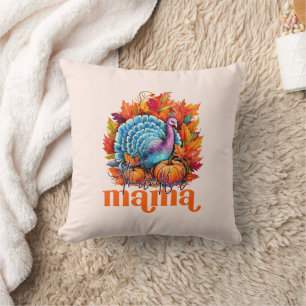 Thankful Mama Turkey and Autumn Leaves Foliage Throw Pillow