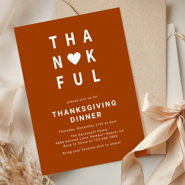 Thankful Modern Minimalist Thanksgiving Dinner Invitation (Creator Uploaded)