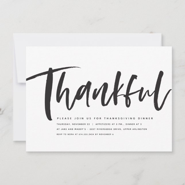 Thankful modern script Thanksgiving invitation (Front)