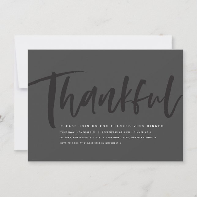 Thankful modern script Thanksgiving invitation (Front)