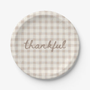 Thankful Neutral Tan Gingham Paper Plate