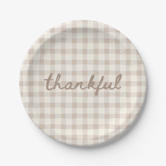 Thankful Neutral Tan Gingham  Paper Plate (Front)